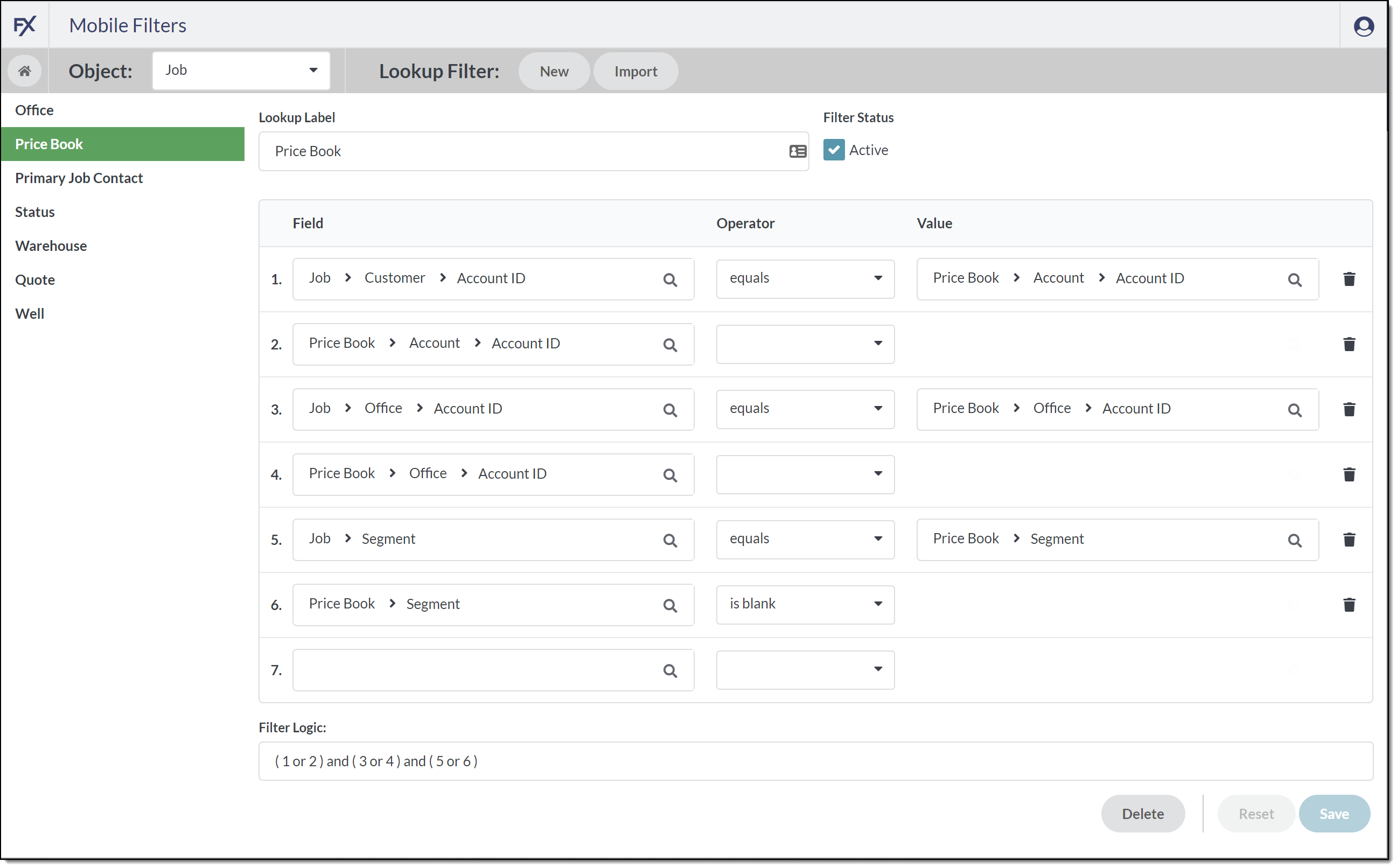 A screenshot showing an example of the Mobile Filter setups for a Price Book filter used on the Job object