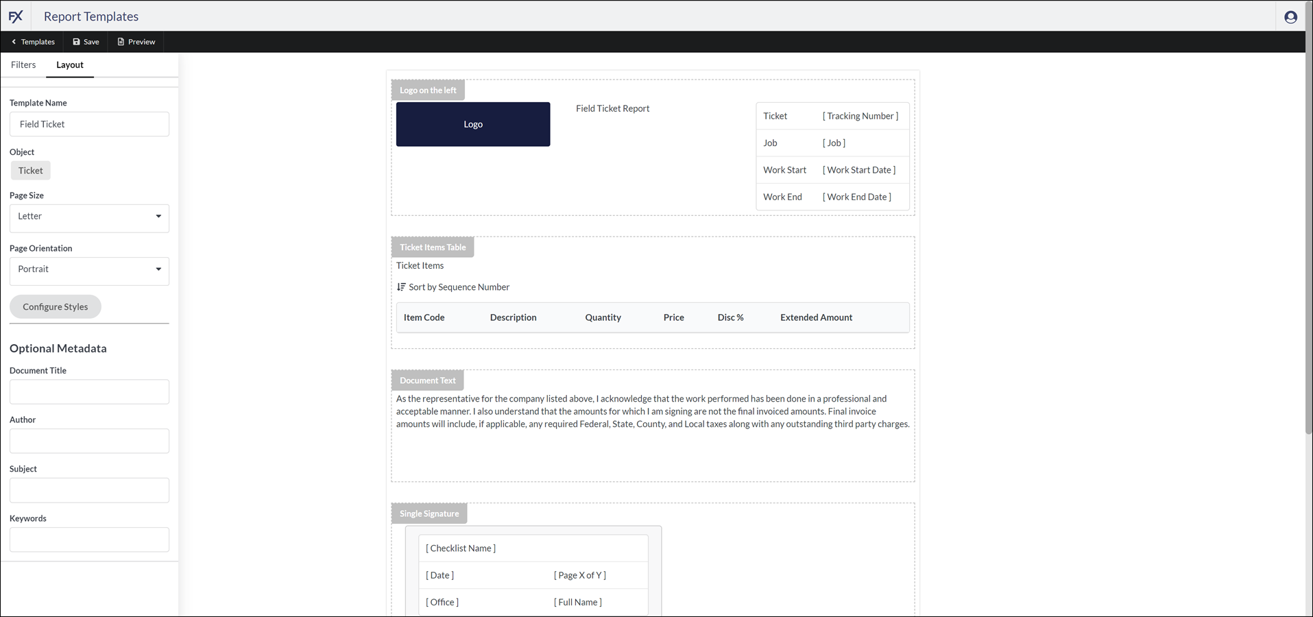 Screenshot of the Report Templates screen with a report preview and the save button