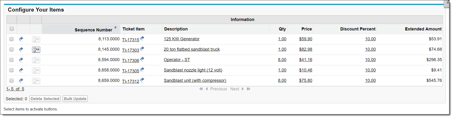 Example of the Configure Your Items section in FieldFX Bck Office