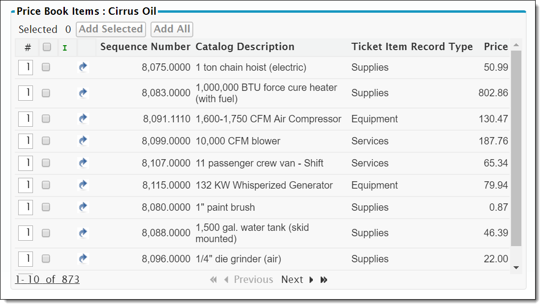 Screenshot of search results in Price Book Items