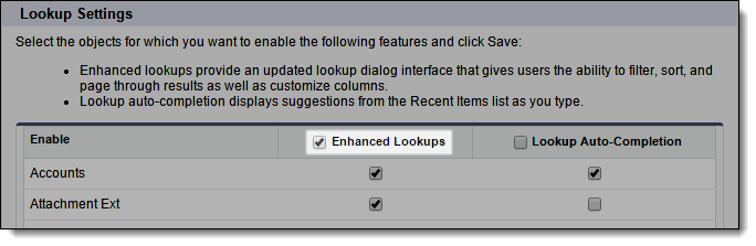 Screenshot of the Enhanced Lookups Checkox in Lookup Settings