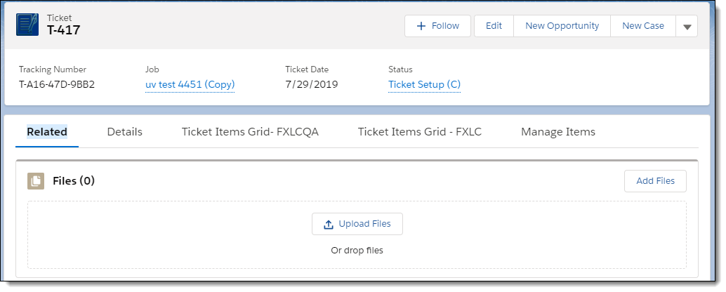 Screenshot of a Ticket record in FieldFX Back Office with the Related tab highlighted