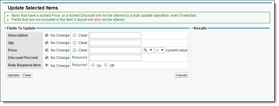 Update Selected Items panel in FieldFX Back Office