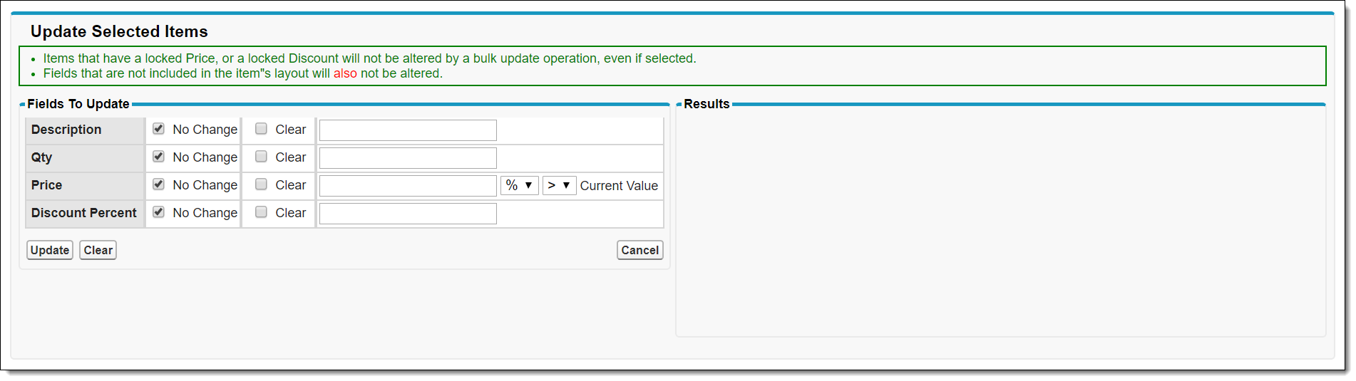 Example of the Bulk Update option for invoices in FieldFX Back Office