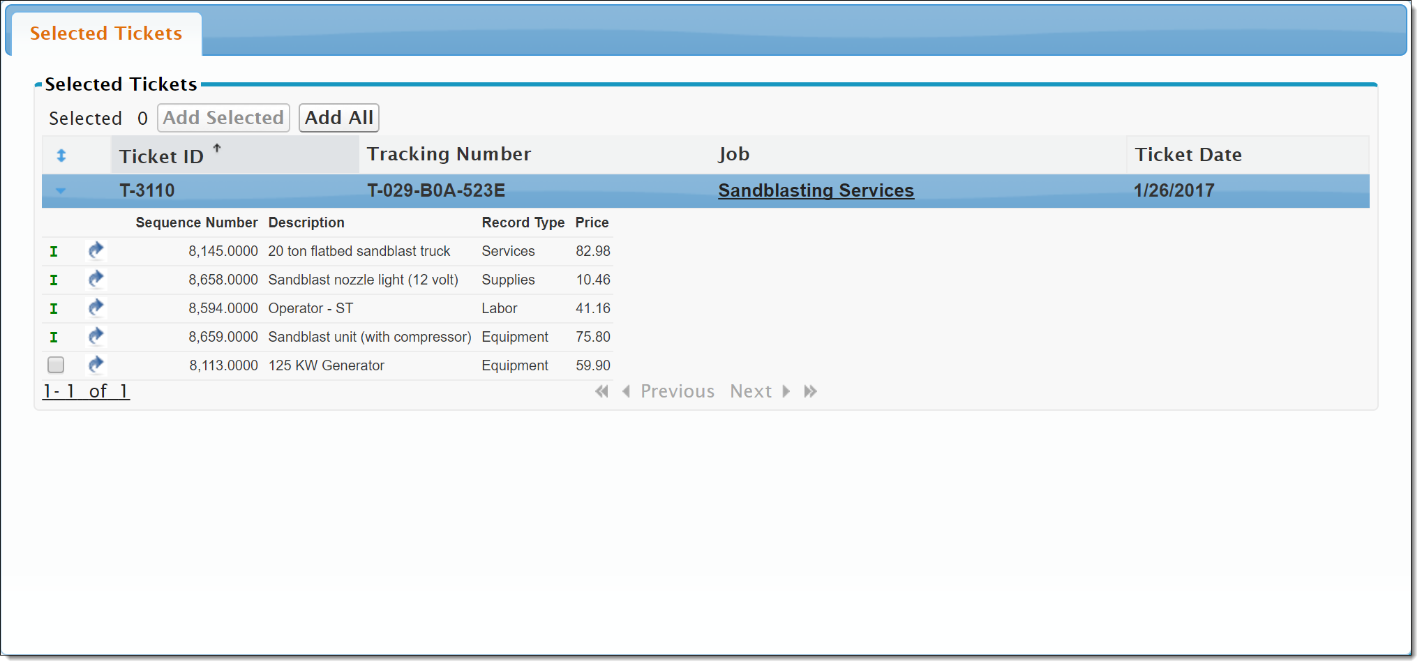 Selected Tickets tab in FieldFX Back Office