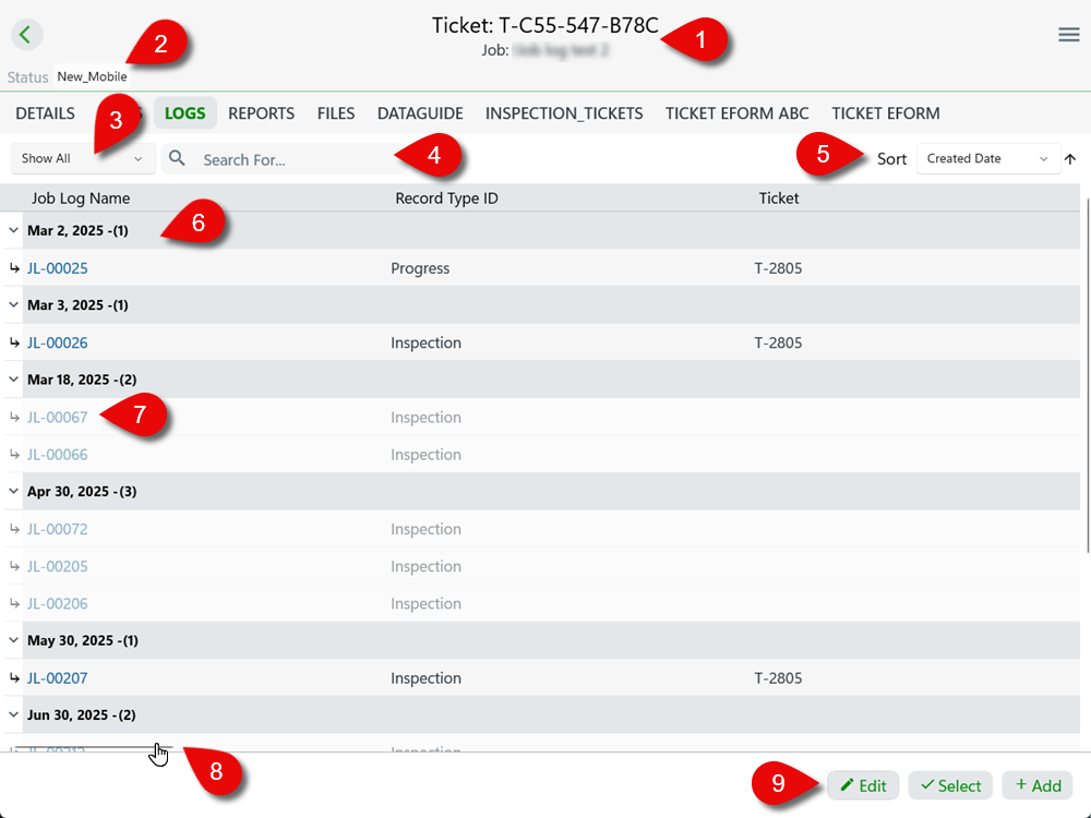 Job-Ticket Log Entries Grid callout