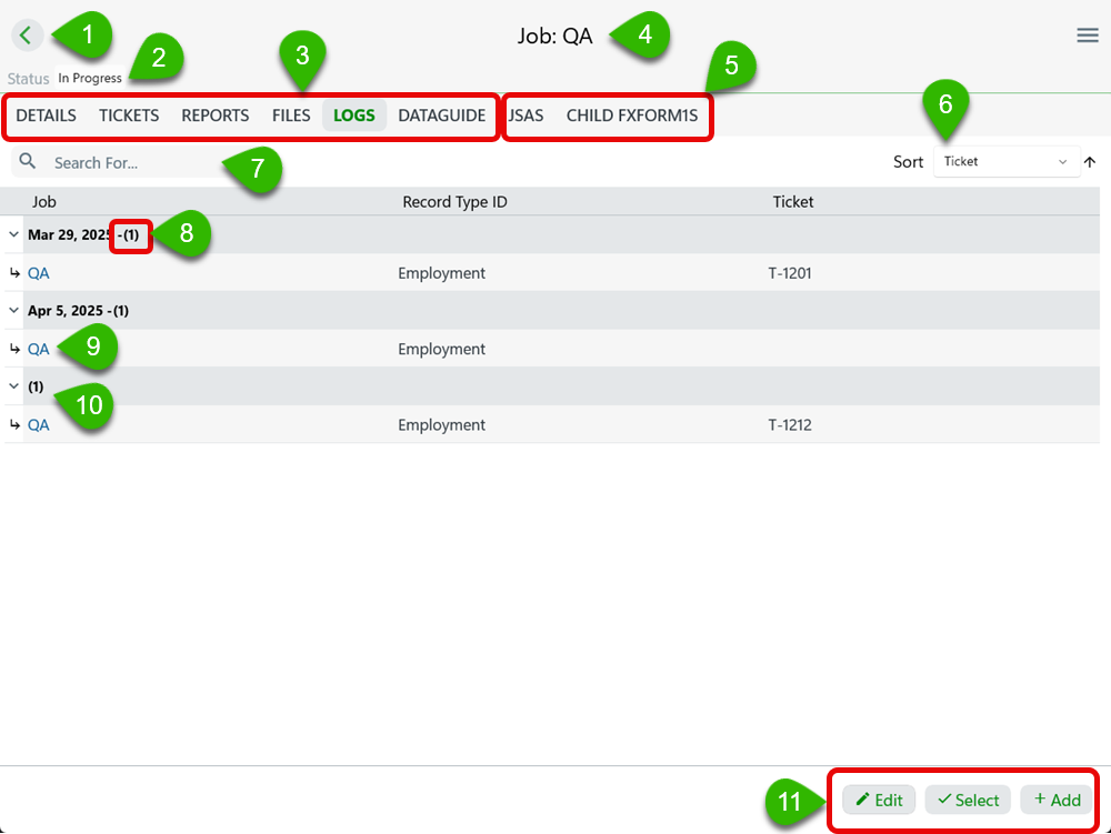 Logs Tab Layout with Callouts