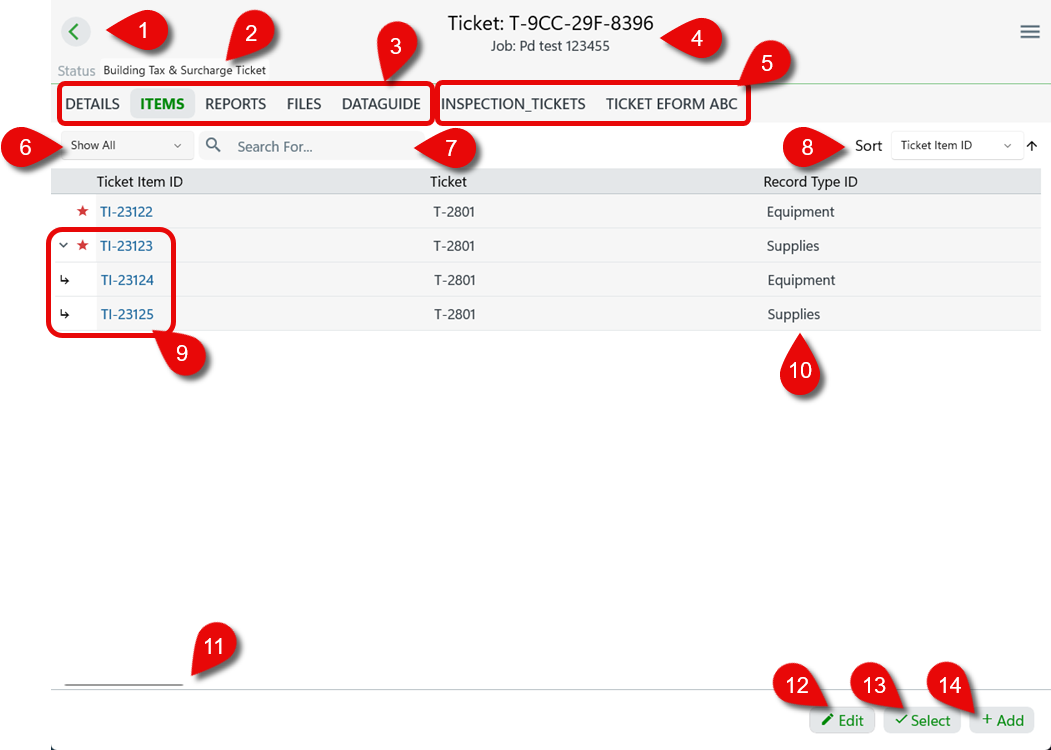 Callouts for Ticket Items List View