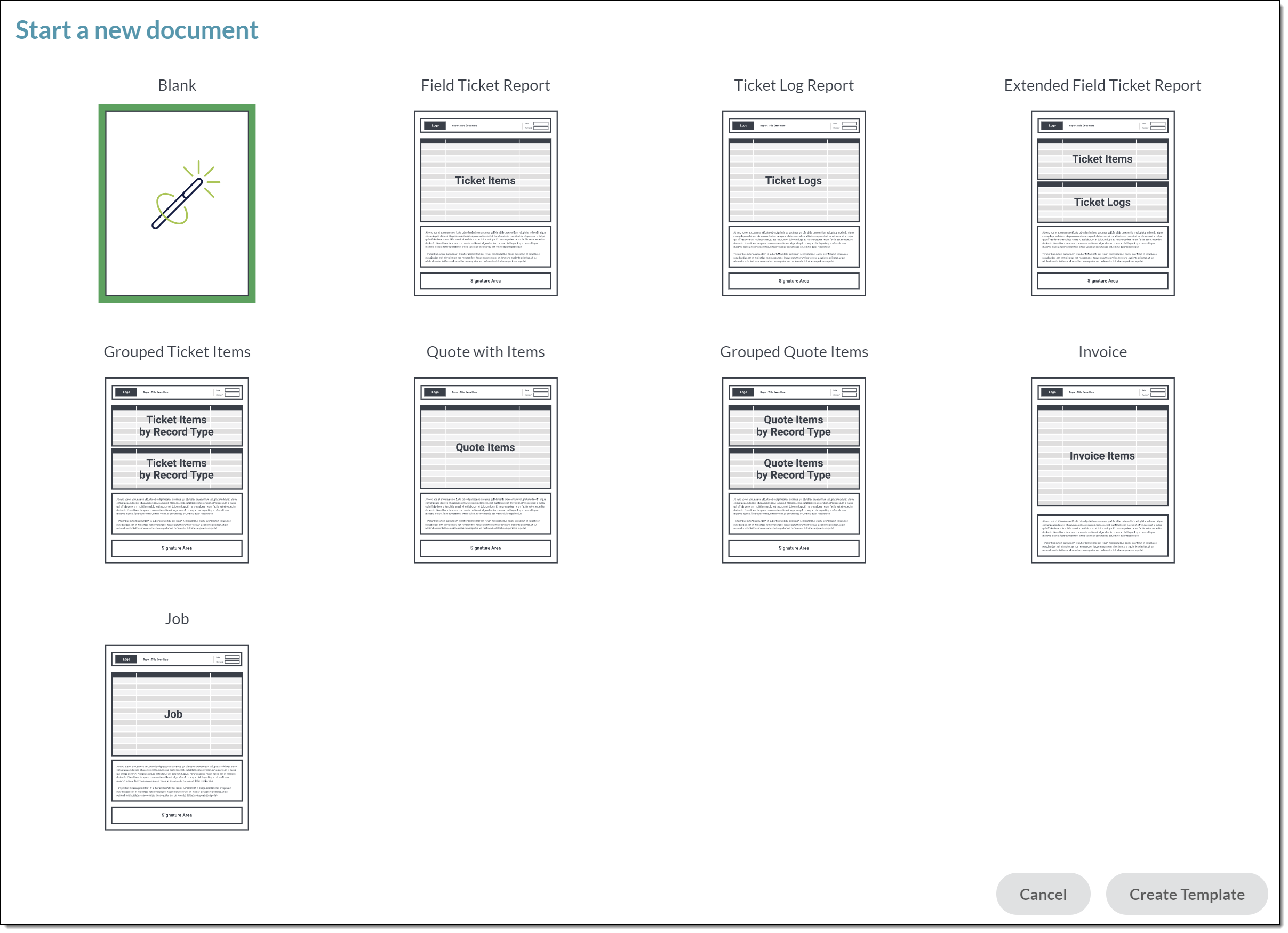 Screenshot of the Report Template Wizard’s template selection screen