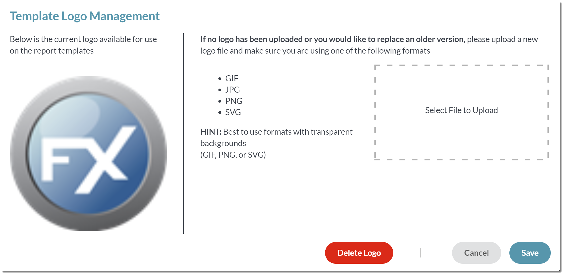 Screenshot of the Template Logo Management screen with a logo file
