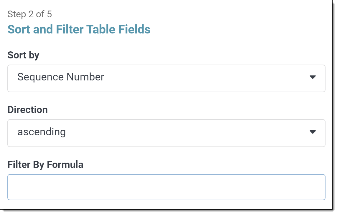 Screenshot of the Sort and Filter Table Fields screen
