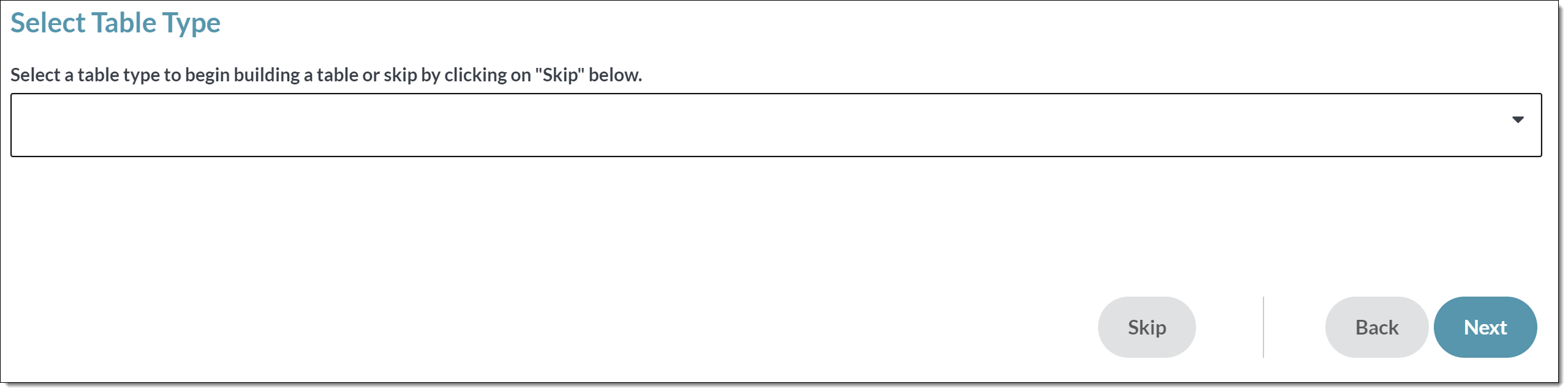 Screenshot of the Select Table Type screen in the Report Template wizard