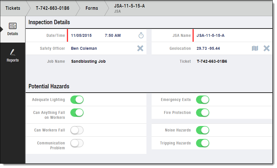 Example of a JSA form in FieldFX Mobile