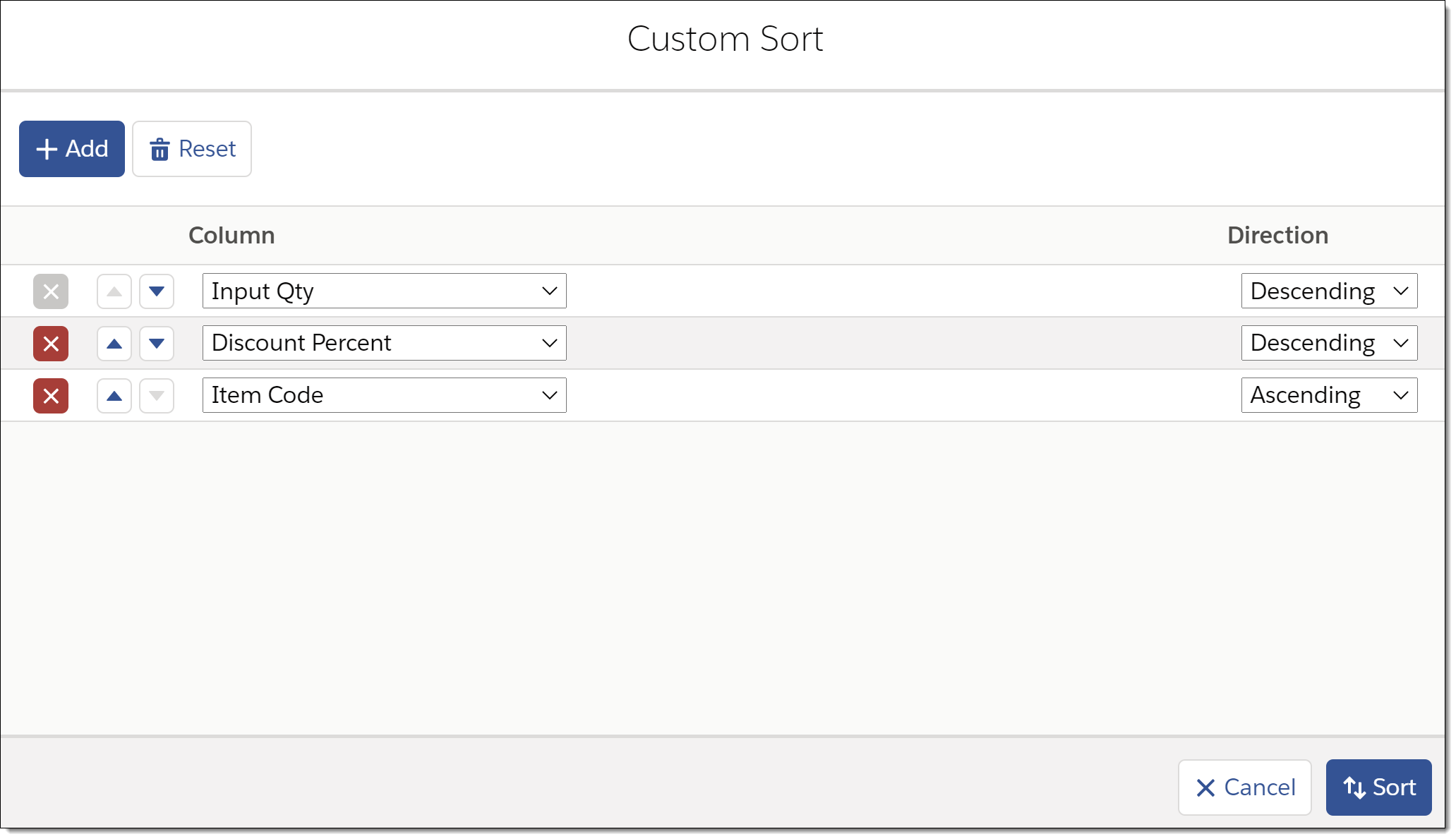 Example of the Custom Sort screen for working with multiple column sort