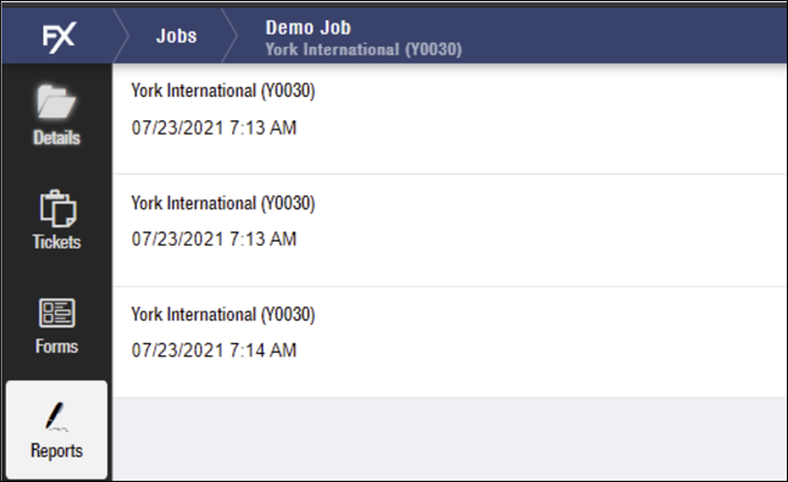 Example of a Reports tab for a Job