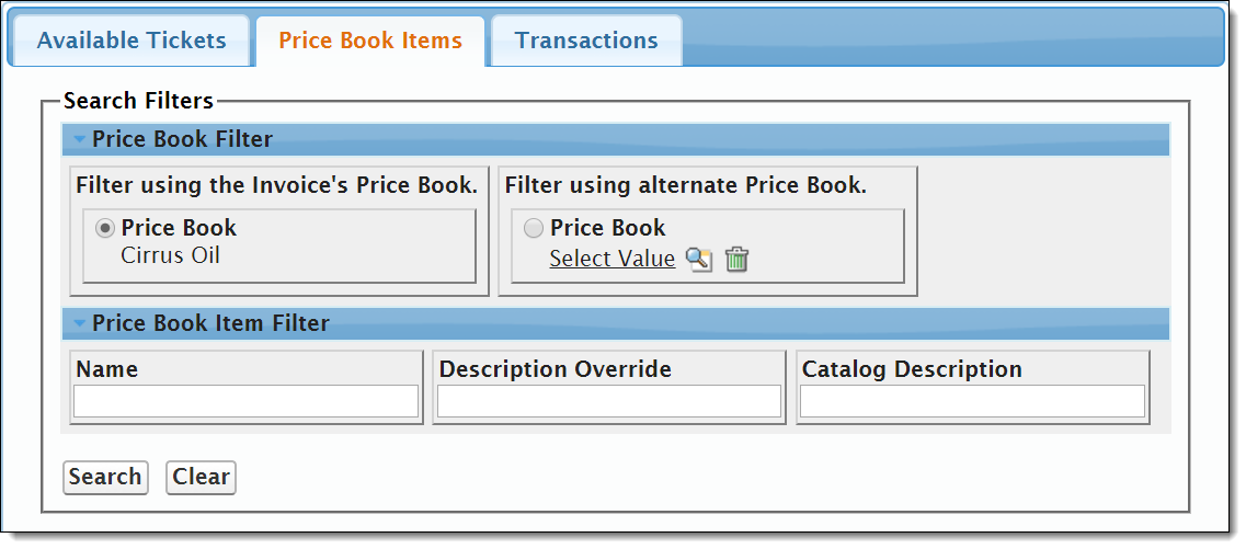 Screenshot of the Price Book Search Filters