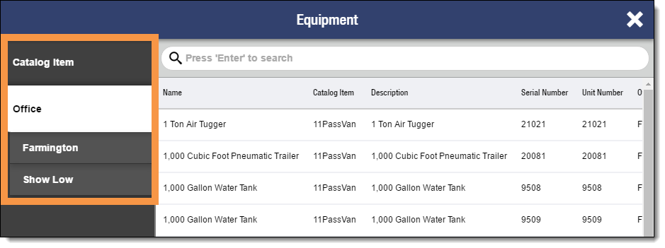 Screenshot of search filters in an Equipment lookup in FieldFX Mobile