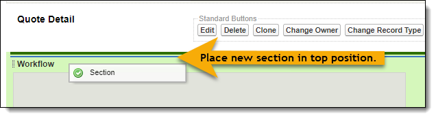 Screenshot showing where to drag and place the Section in FieldFX Back Office