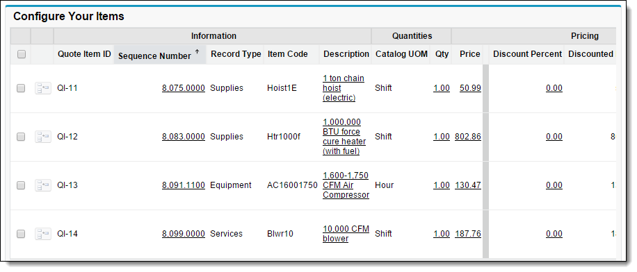 Example of the Configure Your Items screen for quote items
