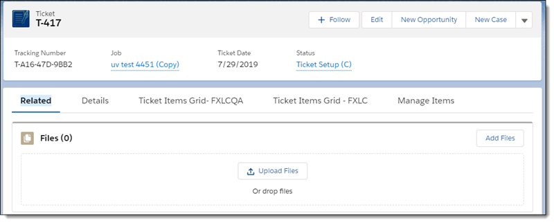 Screenshot of a Ticket record in FieldFX Back Office with the Related tab highlighted