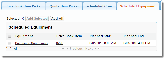 Ticket Item Builder’s Scheduled Equipment tab in FieldFX Back Office