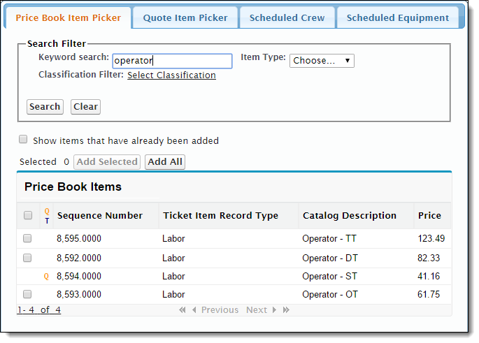 Ticket Item Builder’s Price Book Item Picker tab in FieldFX Back Office