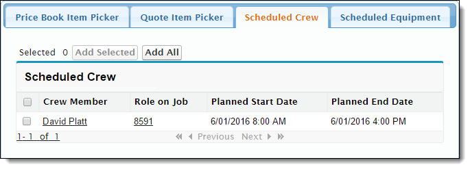 Ticket Item Builder’s Scheduled Crew tab in FieldFX Back Office