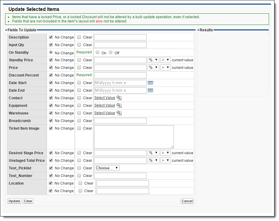 Update Selected Items panel in FieldFX Back Office