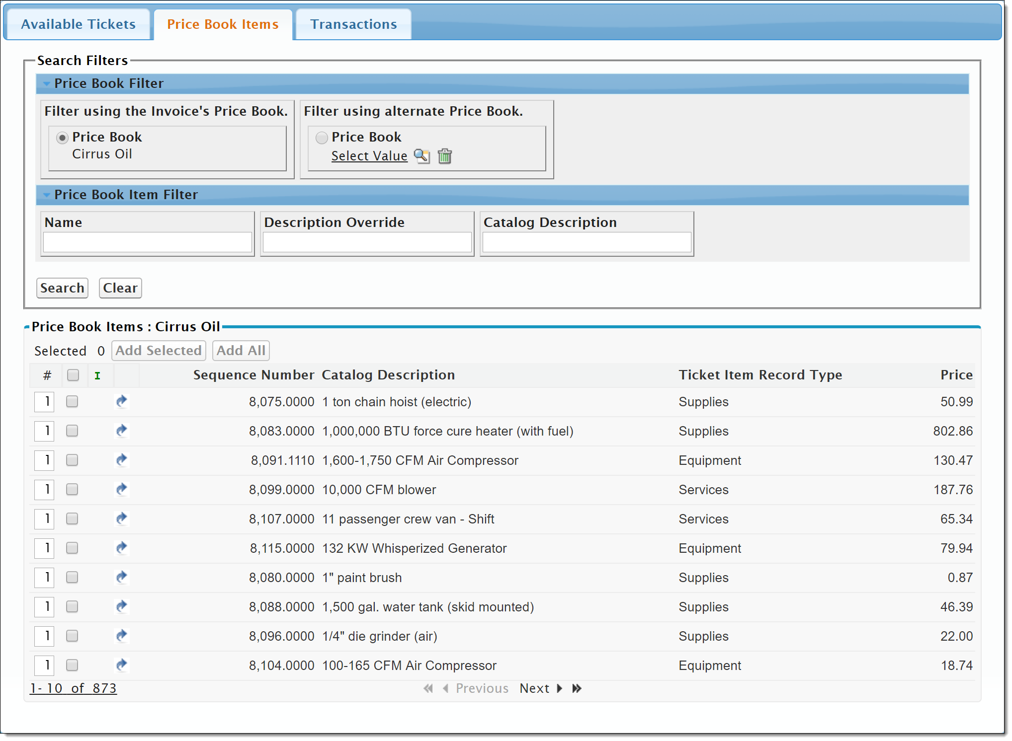 Example of the Price Book Items tab in FieldFX Back Office