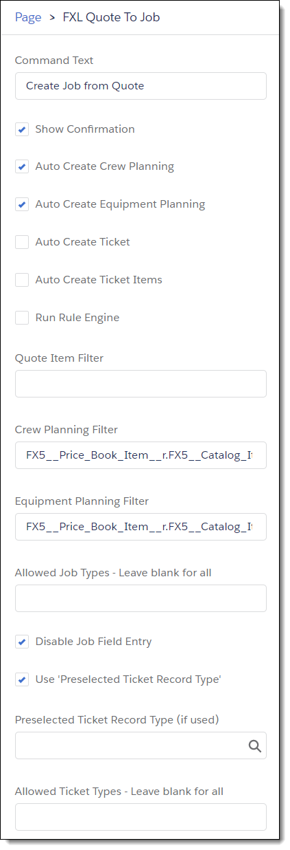 Screenshot of FXL Quote to Job Configuration options