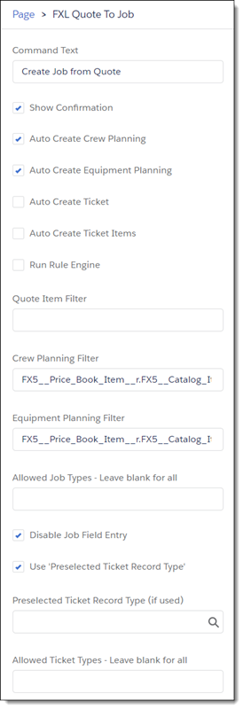 Screenshot of FXL Quote to Job Configuration options