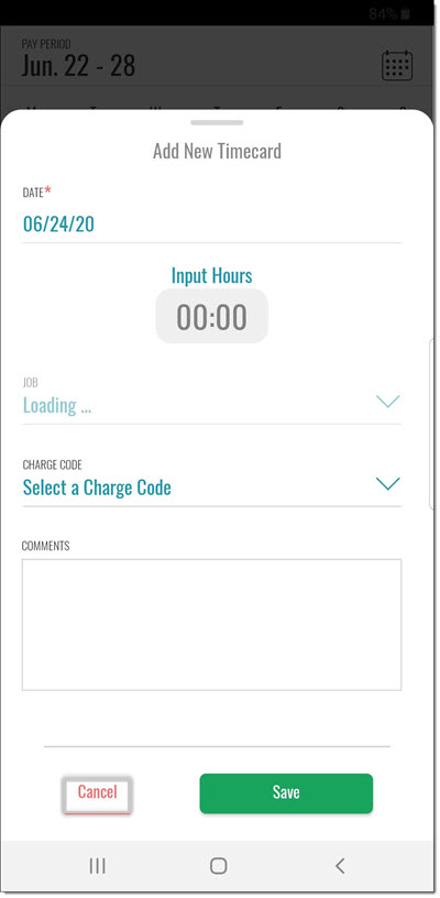 Mobile Timecards app’s Add New Timecard screen