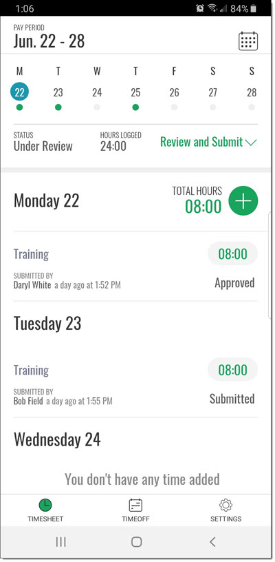 Mobile Timecards app current pay period