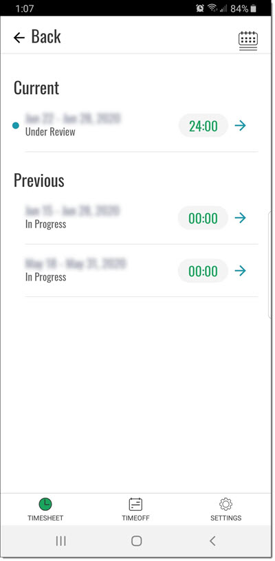 Mobile Timecards app selecting a different pay period