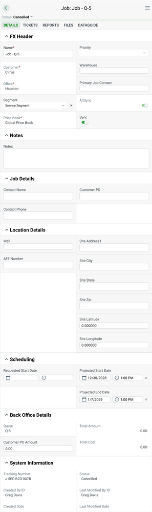 Fields section of a Jobs Details tab