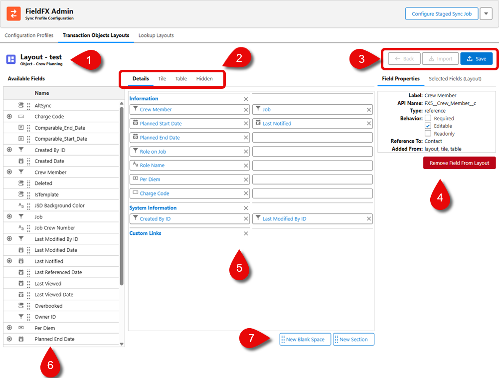Transaction Objects Tab Editor callouts