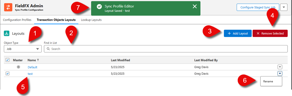Transaction Object Layouts tab callouts