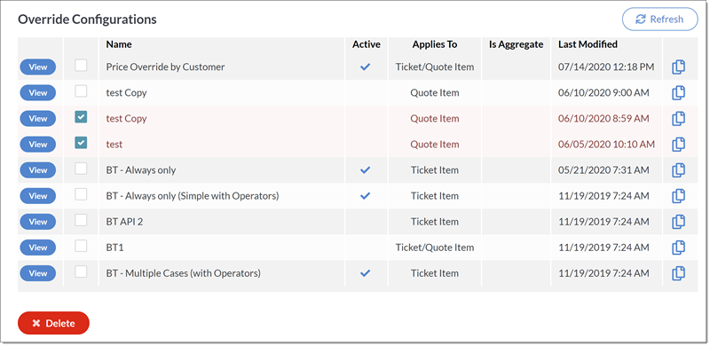 Screenshot showing the Delete button after selecting one or more Override Configurations to remove