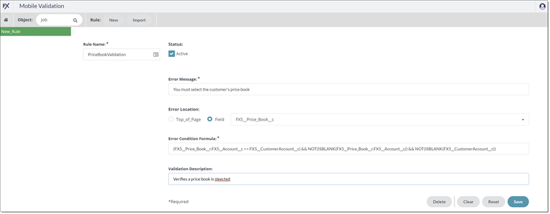 Screenshot of the configured validation rule