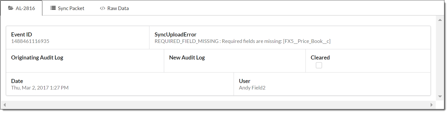 Screenshot of a sync packet’s audit log details
