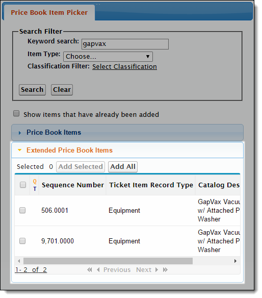 Screenshot of FieldFX Back Office Extended Price Book Items panel