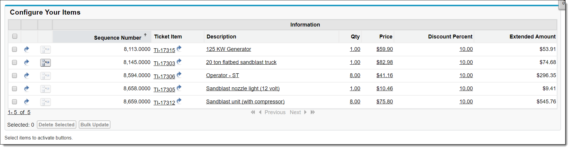 Screenshot of an example Invoice Item Grid