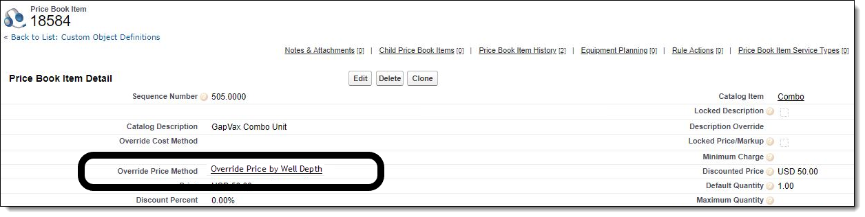 Screenshot of a price book item detail showing the override selected