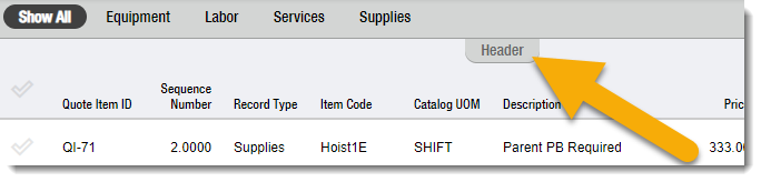 Screenshot of Quote Items in the mobile application with arrow pointing to the Header label