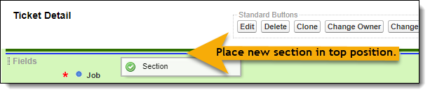 Screenshot of where to add a new Section on a Ticket Detail page layout