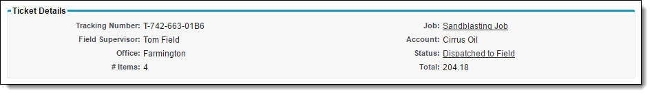 Ticket Details section from FieldFX Back Office