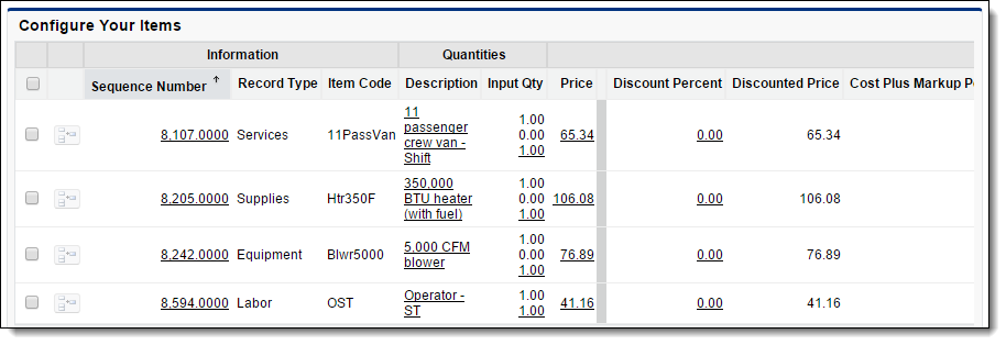 Screenshot of a list of ticket items in a grid as found on a ticket