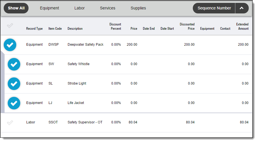 Screenshot of a ticket item grid in FieldFX Mobile with parent and child items