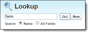 Screenshot of the Lookup search field with "farm" entered as the search term