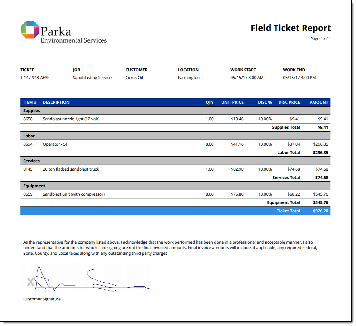 Example of the PDF of a field ticket report